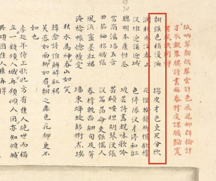 《金云翘》1894 年写本的一页，右侧框出一列字喃诗句